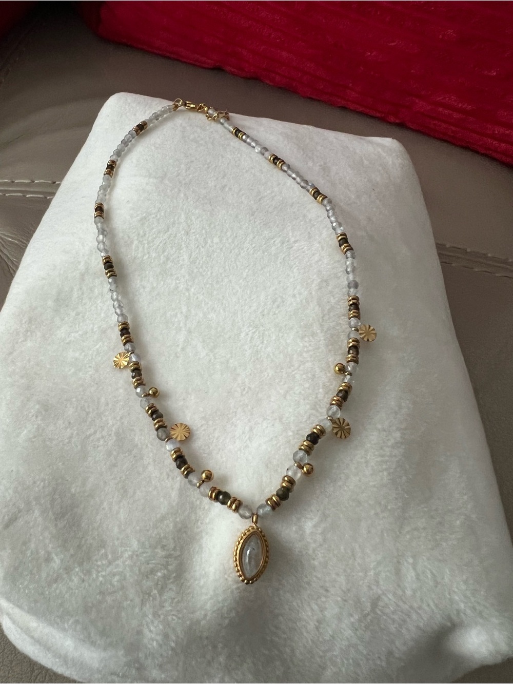 Gold and White Beaded Pendant Necklace - Women Jewelry